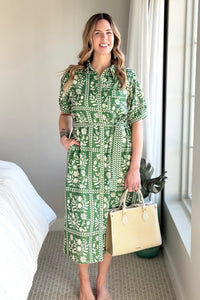 Collared Belted Day Dress - Green