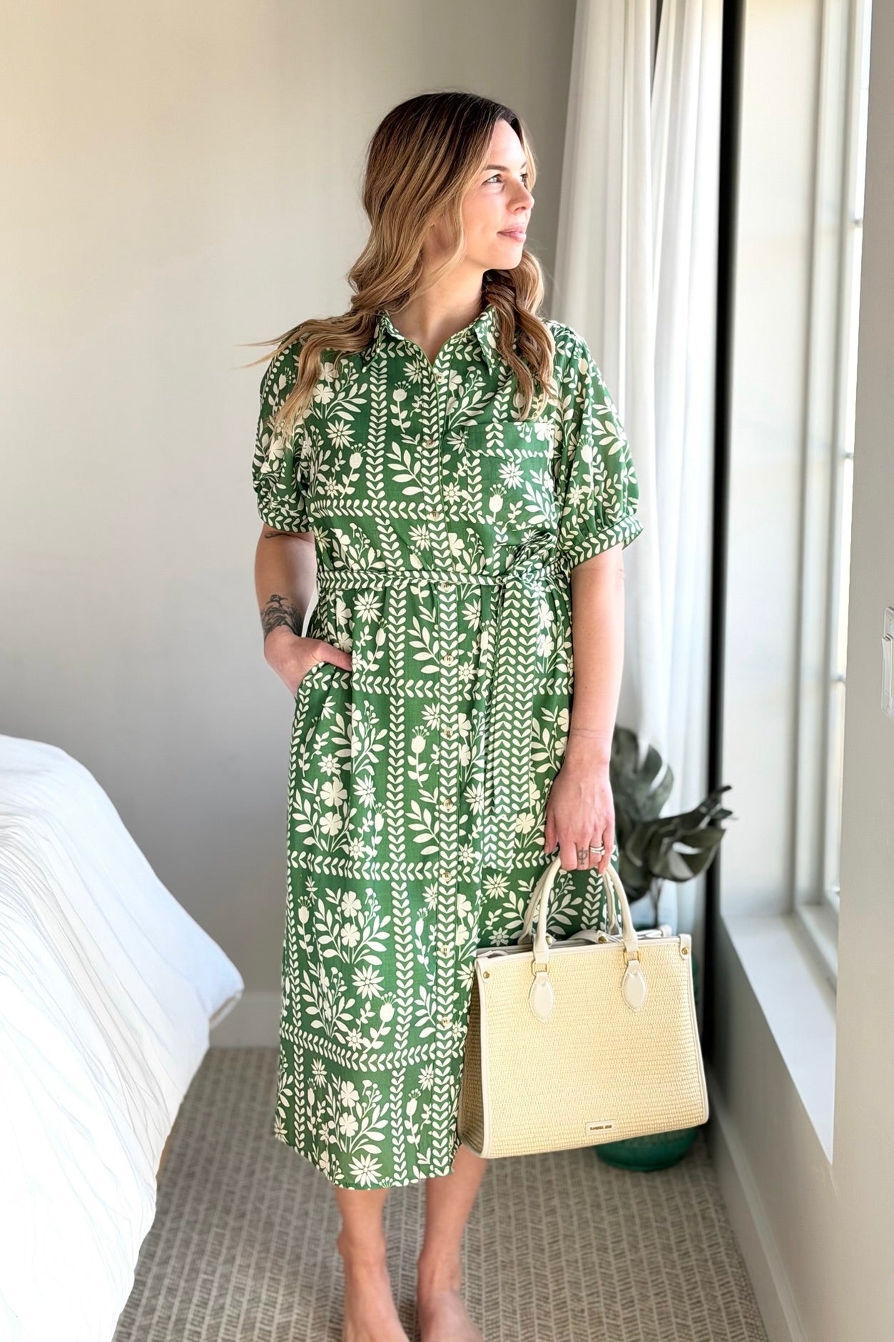 Collared Belted Day Dress - Green