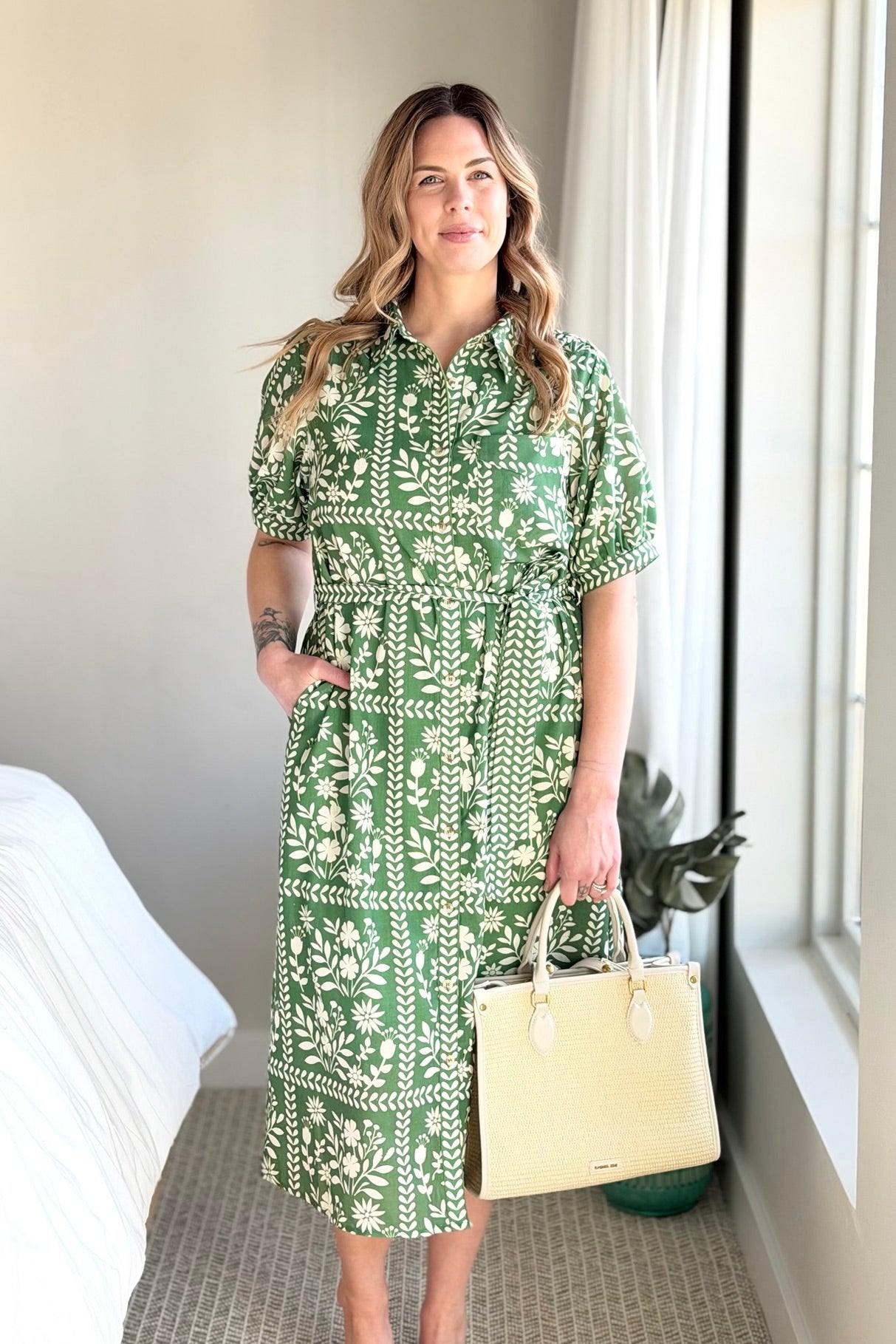 Collared Belted Day Dress - Green