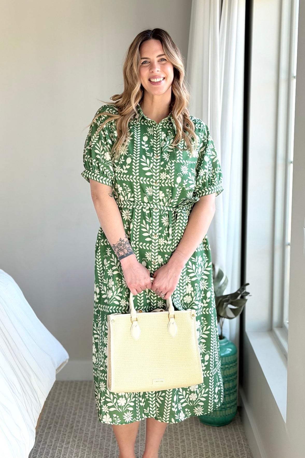 Collared Belted Day Dress - Green