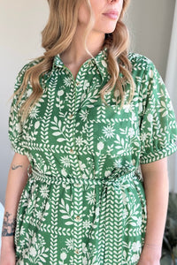 Collared Belted Day Dress - Green