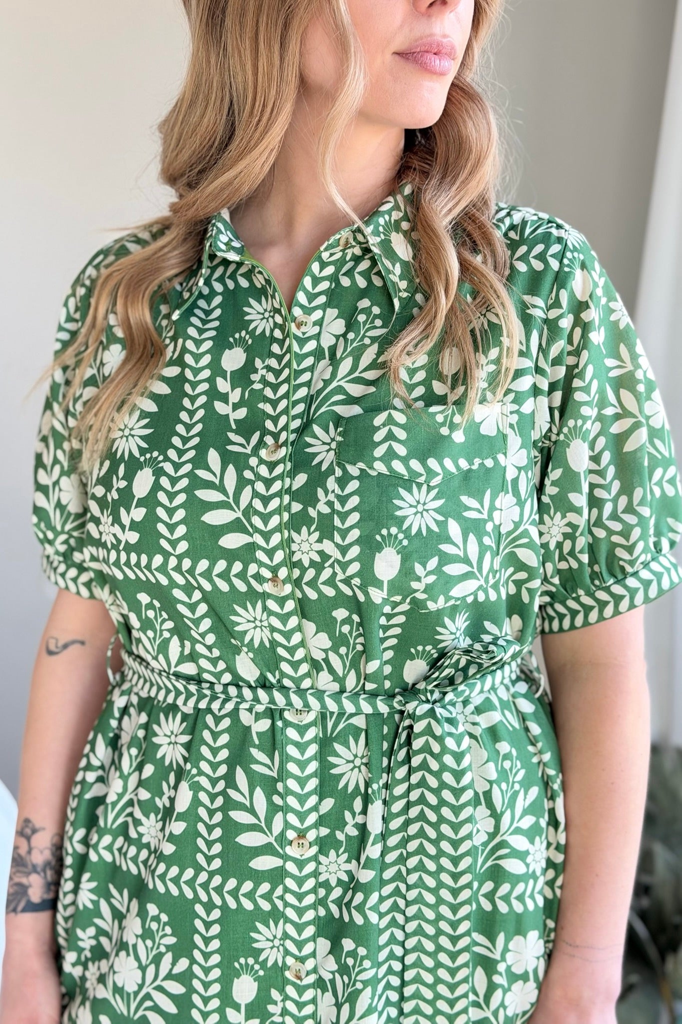 Collared Belted Day Dress - Green