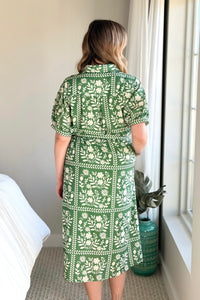 Collared Belted Day Dress - Green