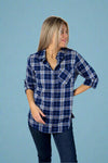 Cuffed Sleeve Plaid Top Blue