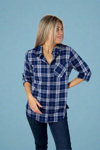 Cuffed Sleeve Plaid Top Blue