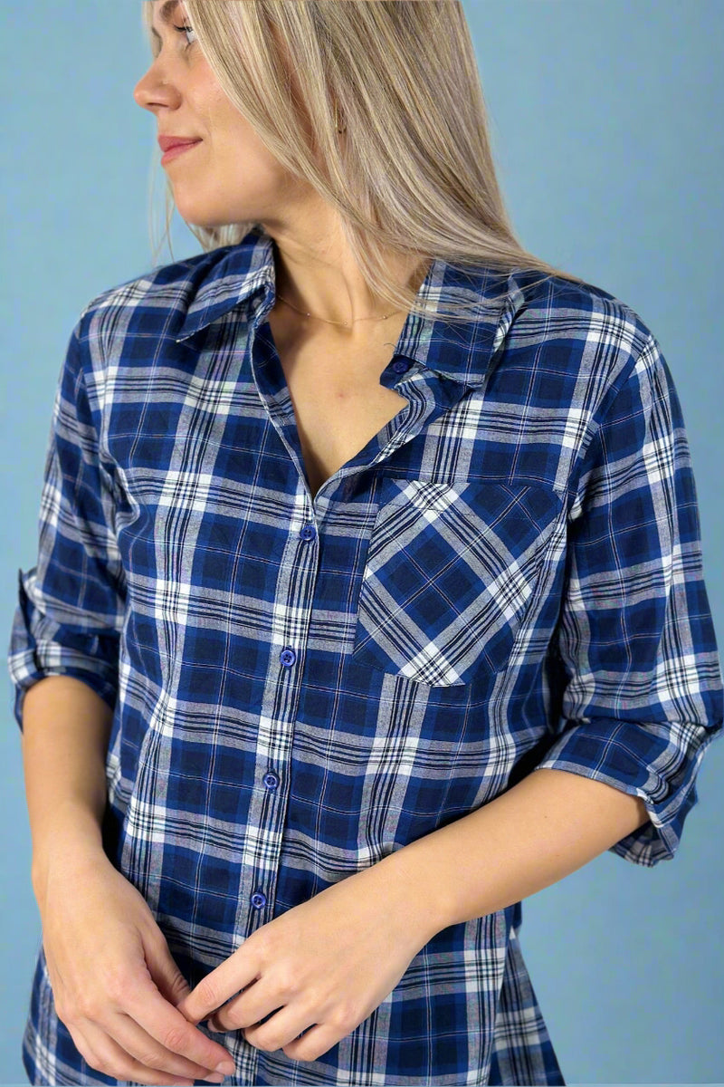 Cuffed Sleeve Plaid Top Blue