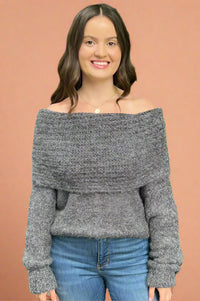 A grey, soft knit sweater with exaggerated cowl neck.
