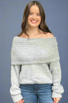 A soft, grey knit sweater with an exaggerated cowl neckline.