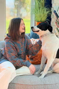 Floral Printed Fleece Hoodie - Grey Orange