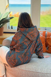 Floral Printed Fleece Hoodie - Grey Orange