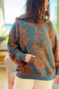 Floral Printed Fleece Hoodie - Grey Orange