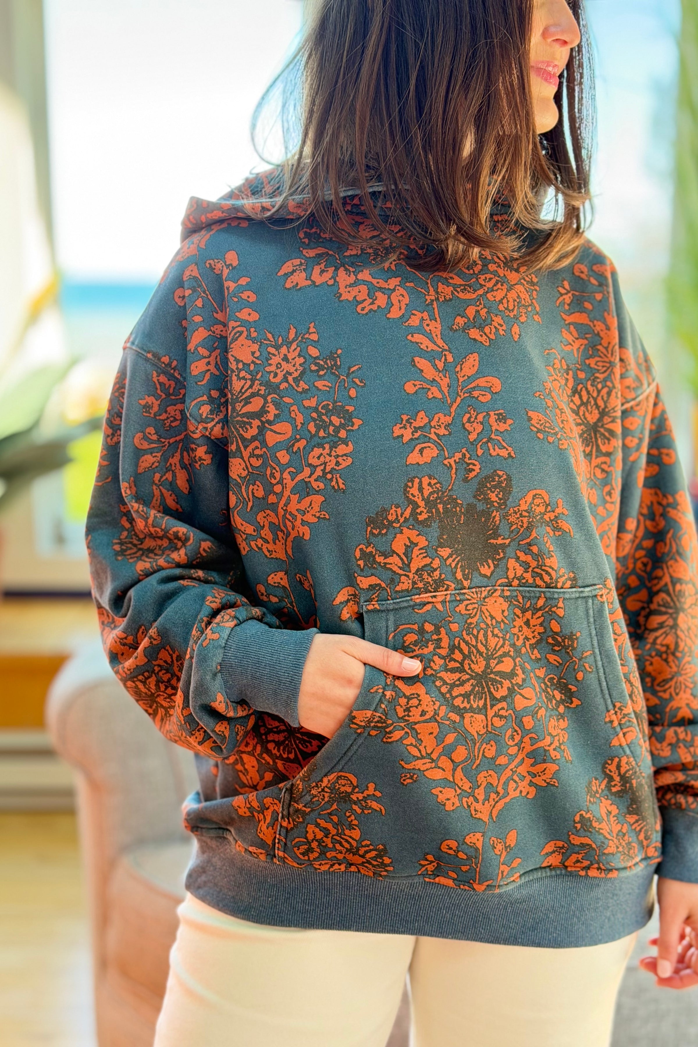 Floral Printed Fleece Hoodie - Grey Orange