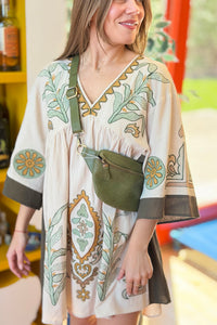 Boho Embroidered Babydoll Dress - Sage