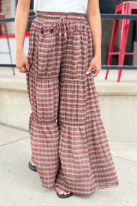 Plaid Tiered Palazzo Pants - Cherry Wood