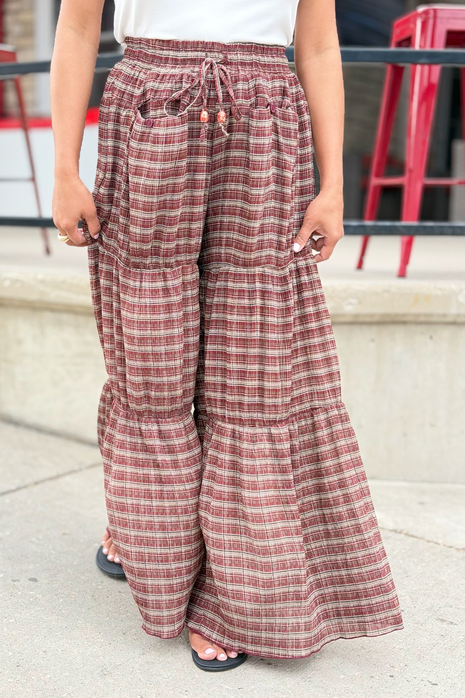 Plaid Tiered Palazzo Pants - Cherry Wood