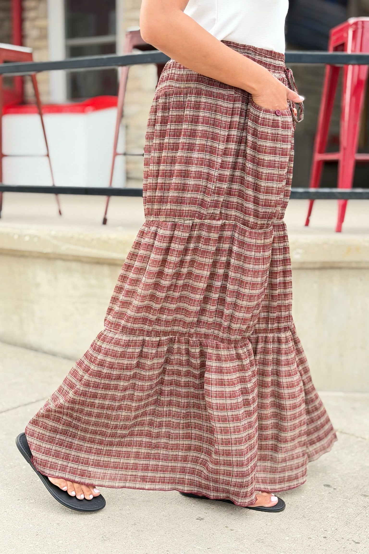 Plaid Tiered Palazzo Pants - Cherry Wood