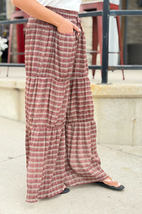 Plaid Tiered Palazzo Pants - Cherry Wood