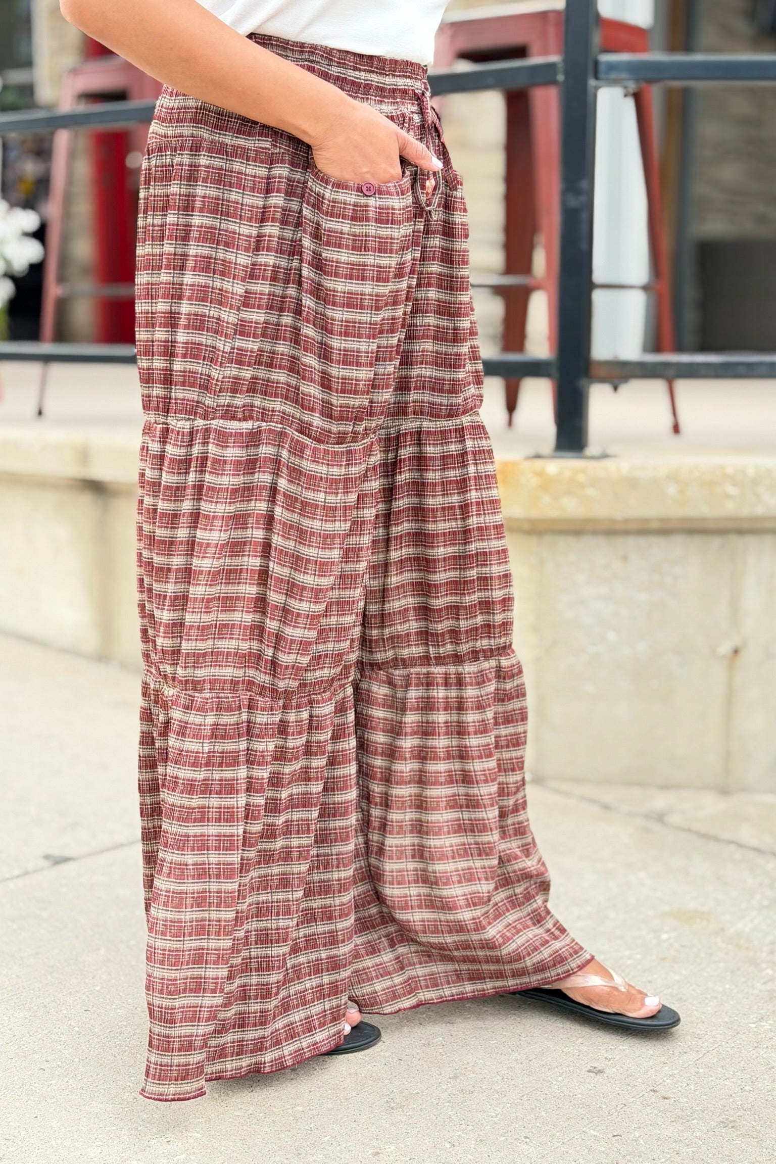 Plaid Tiered Palazzo Pants - Cherry Wood