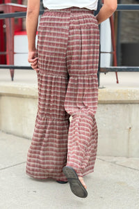 Plaid Tiered Palazzo Pants - Cherry Wood