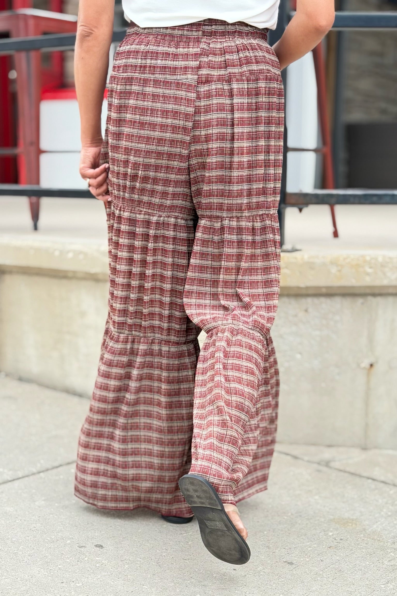 Plaid Tiered Palazzo Pants - Cherry Wood