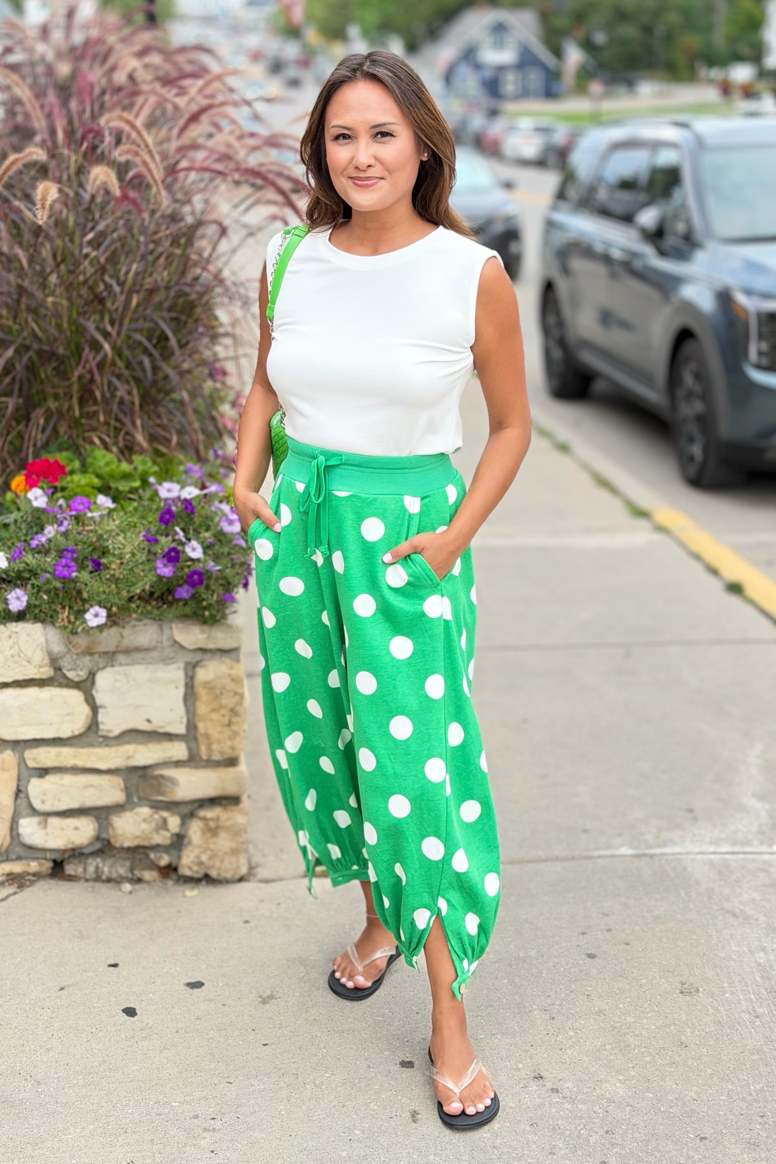 Polka Dot French Terry Balloon Pants - Green
