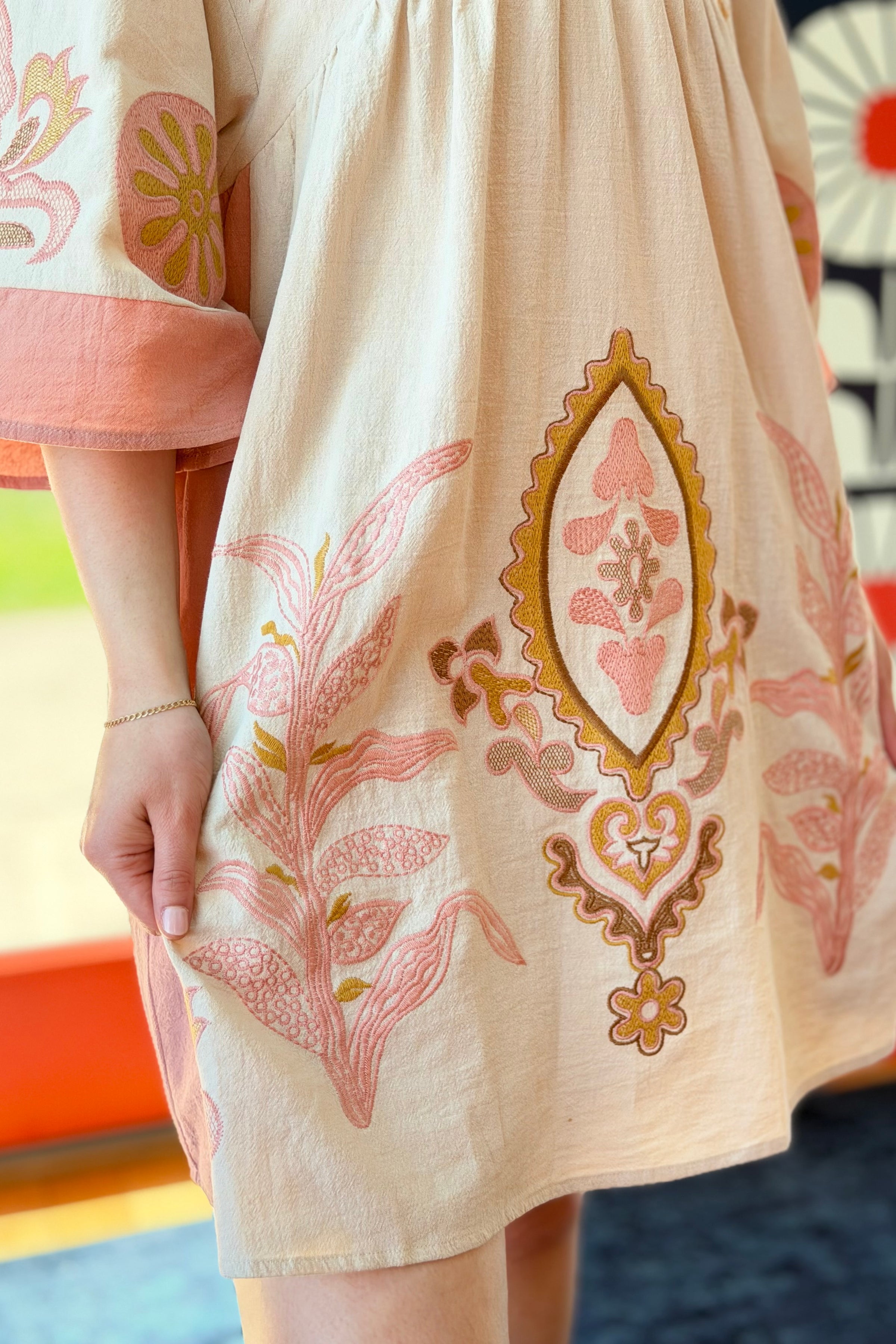 Boho Embroidered Babydoll Dress - Pink