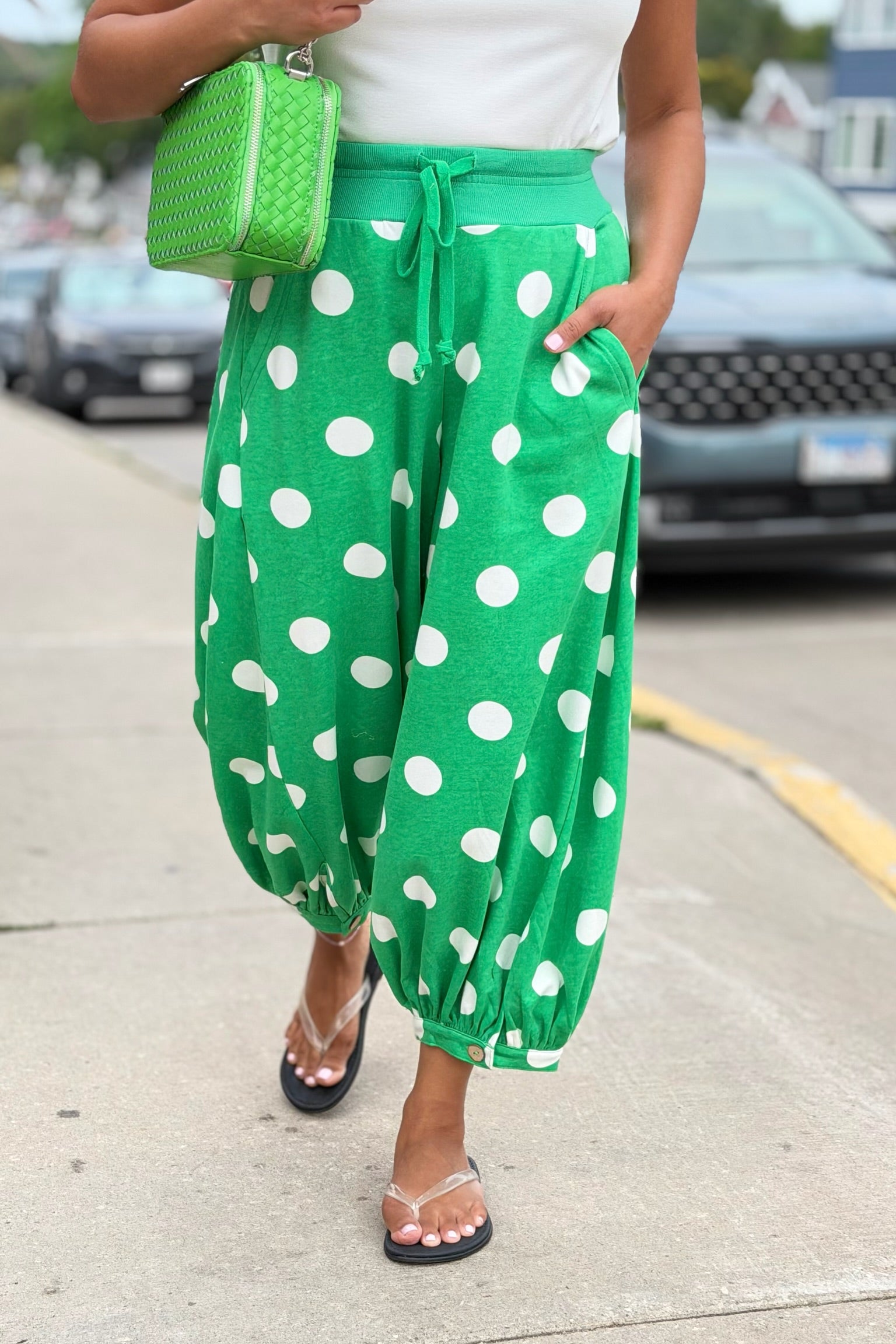 Polka Dot French Terry Balloon Pants - Green