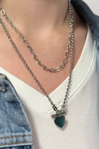 Layered Heart Charm Necklace - Silver