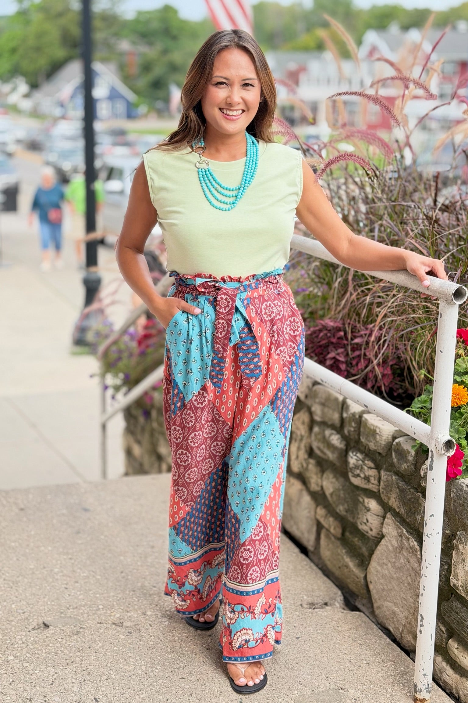Border Print Wide Leg Trousers