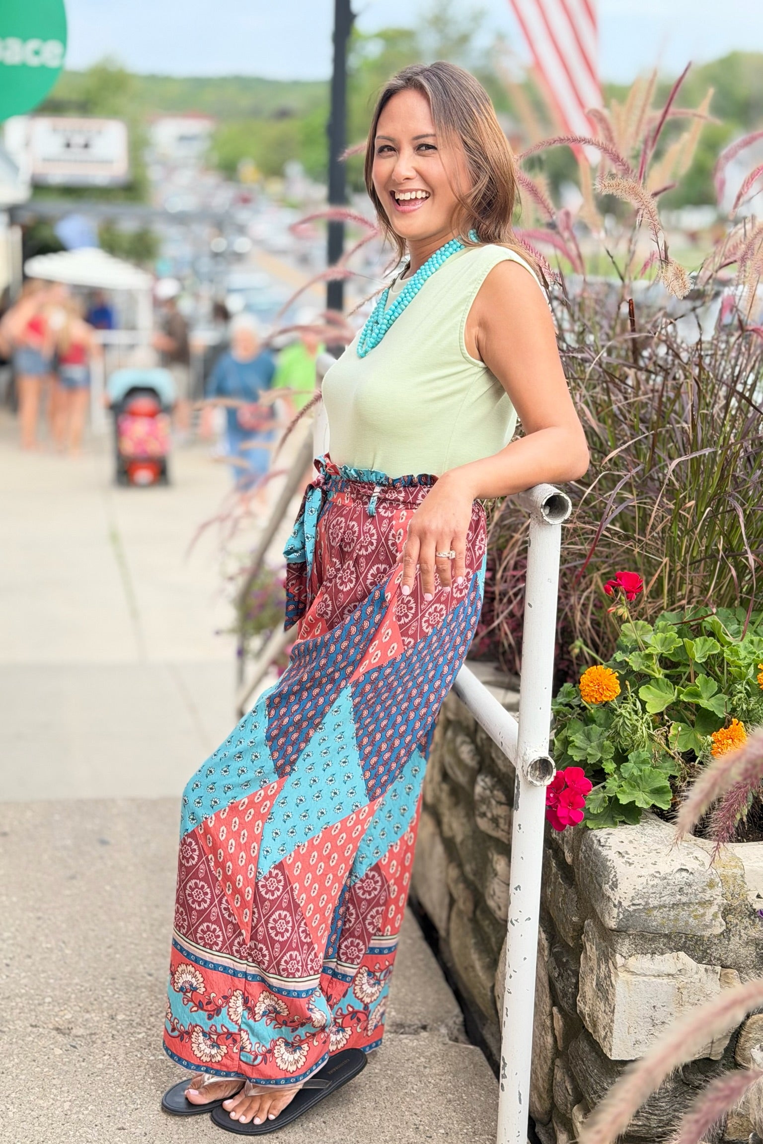 Border Print Wide Leg Trousers