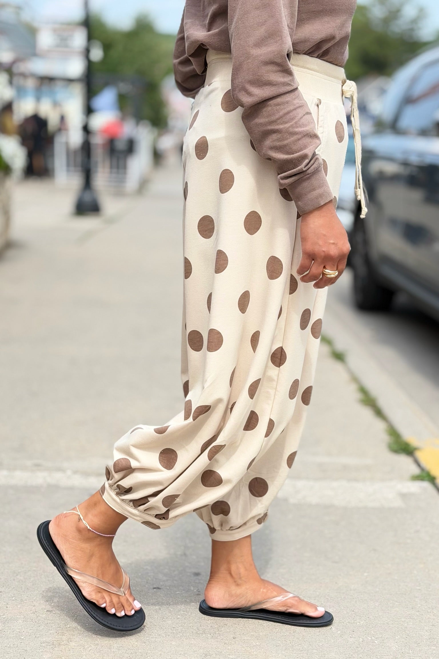 Polka Dot French Terry Balloon Pants - Brown