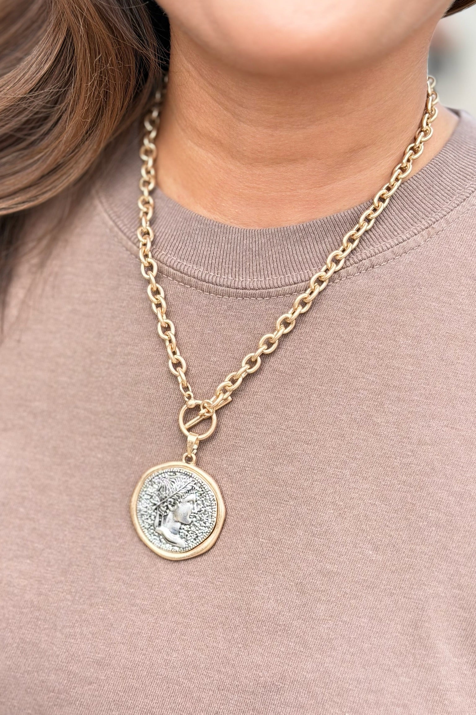 Coin Pendant Toggle Necklace - Gold
