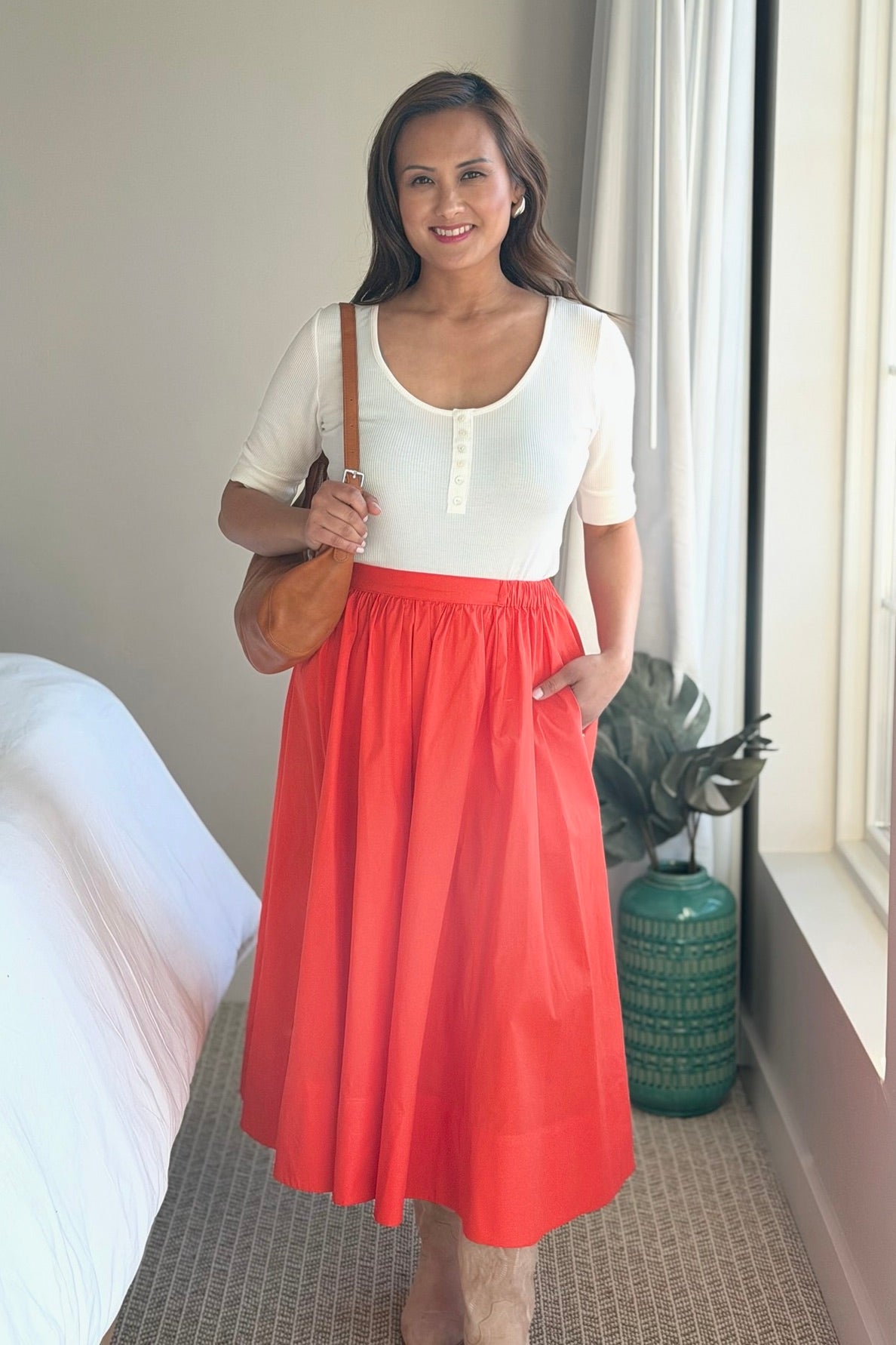 Midi Skirt With Pocket - Coral