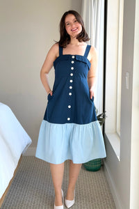 Two Toned Fold Over Neckband Dress - Navy