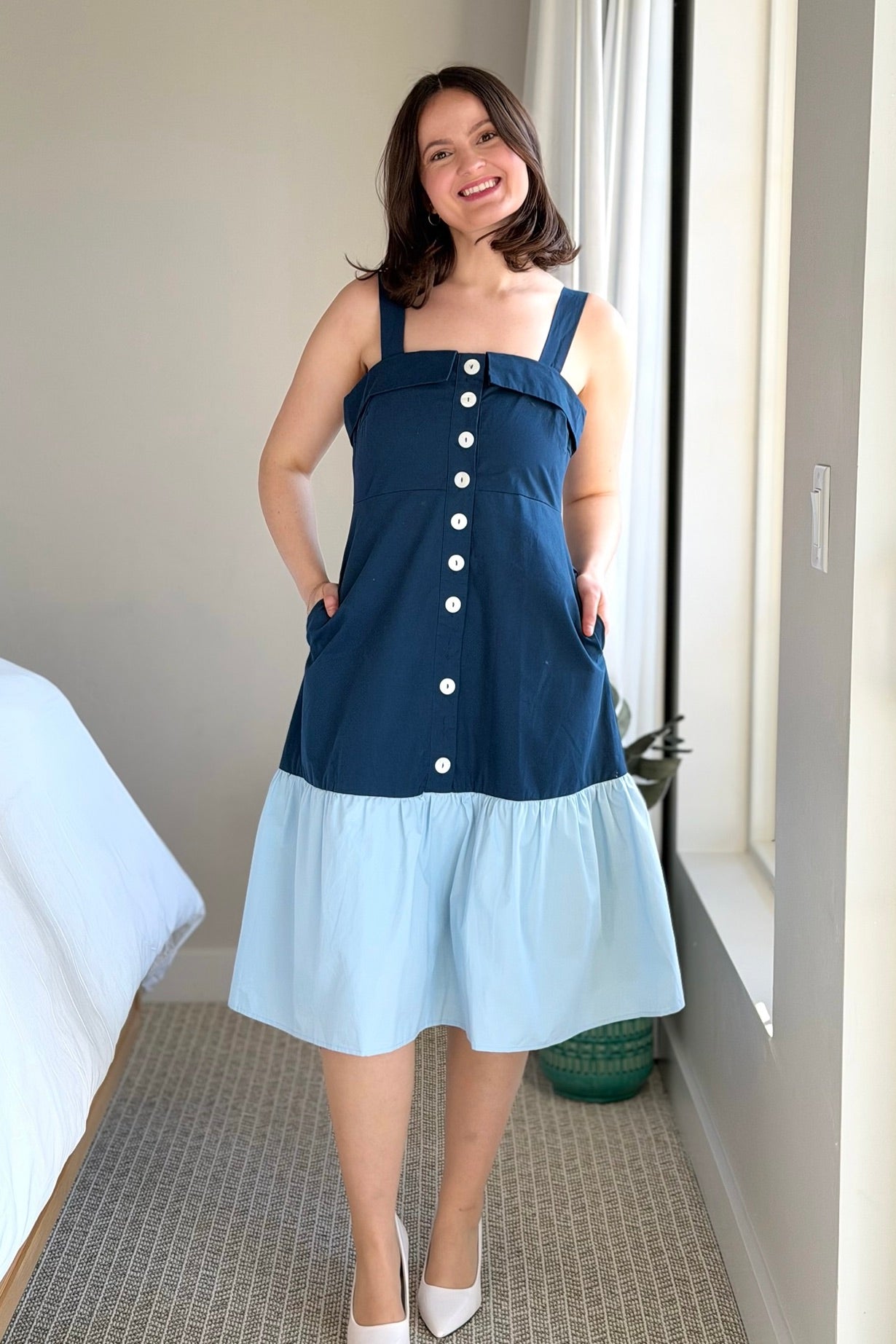 Two Toned Fold Over Neckband Dress - Navy