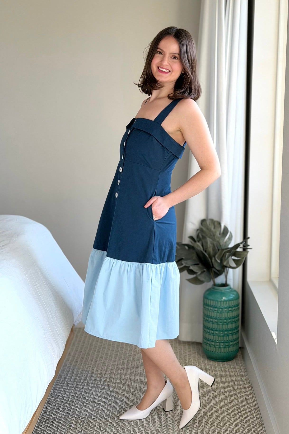 Two Toned Fold Over Neckband Dress - Navy