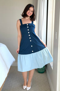 Two Toned Fold Over Neckband Dress - Navy