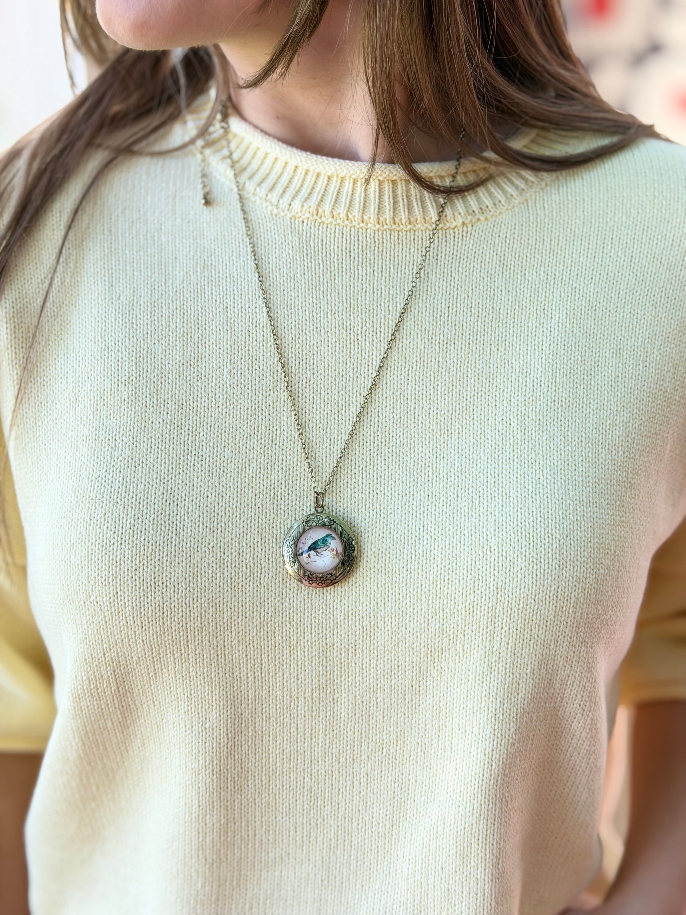 Vintage Bird Print Gold Locket Necklace