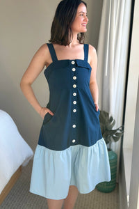 Two Toned Fold Over Neckband Dress - Navy