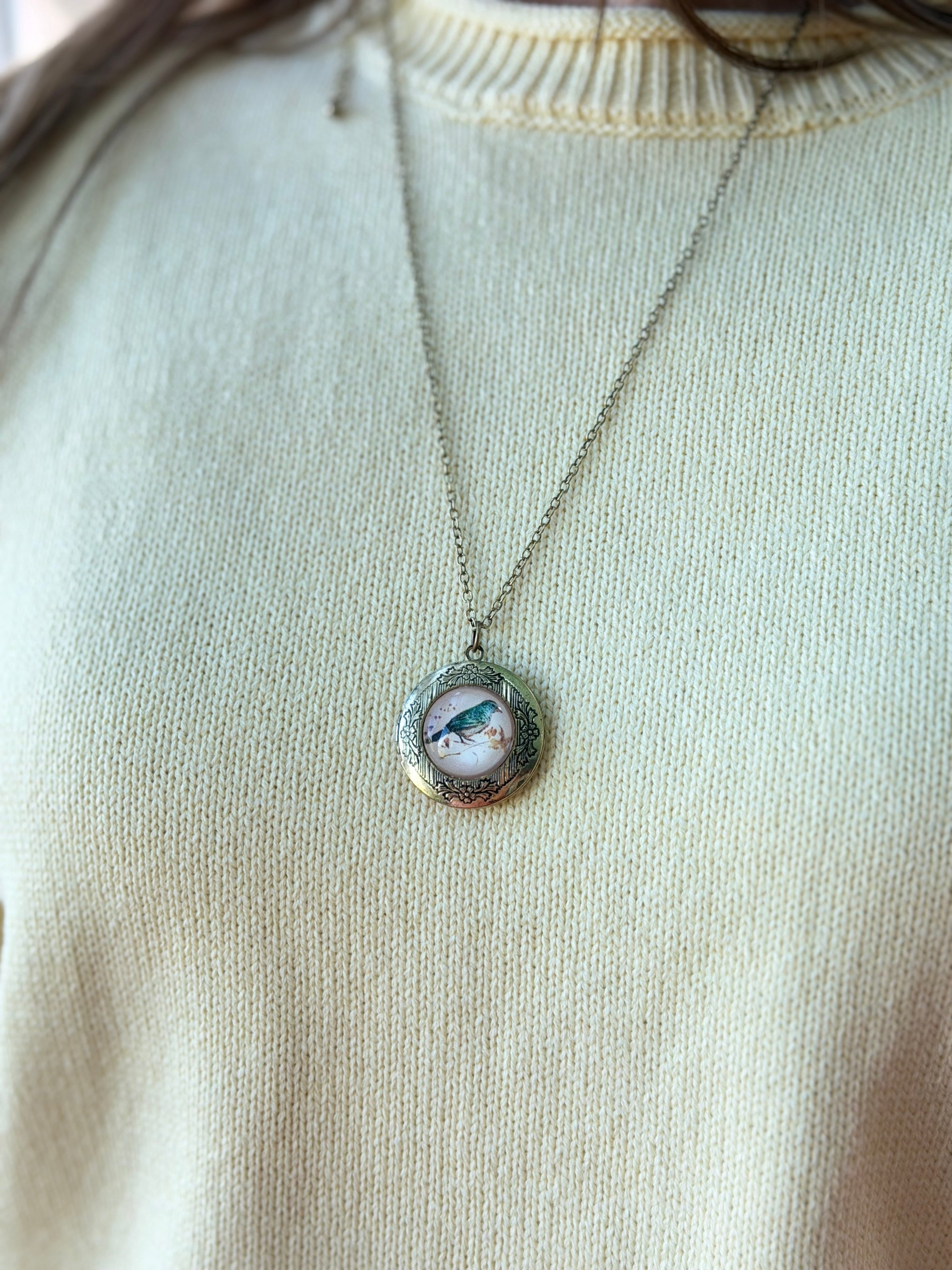 Vintage Bird Print Gold Locket Necklace