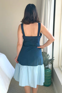 Two Toned Fold Over Neckband Dress - Navy