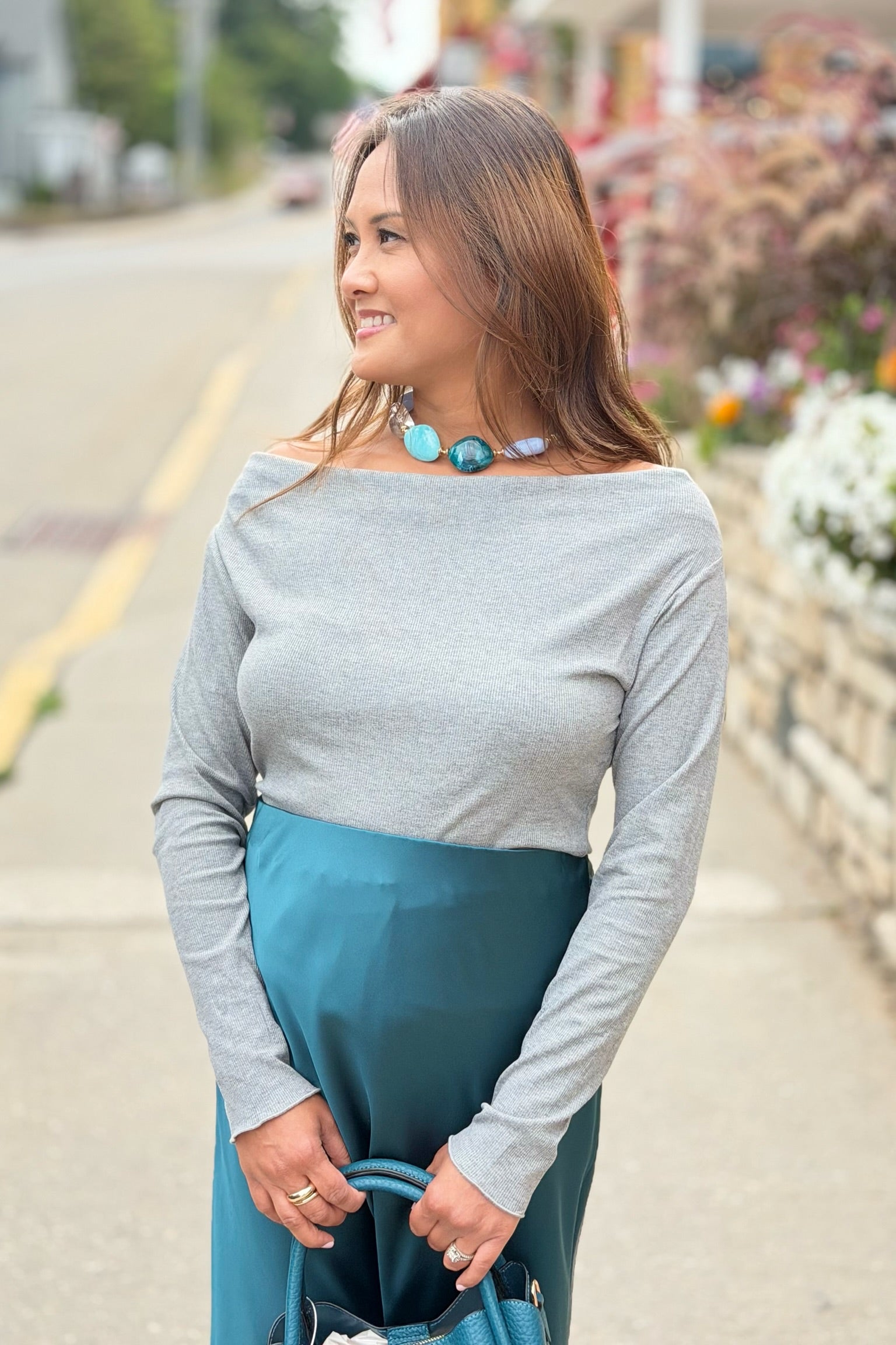 Long Sleeve Off Shoulder Top - Grey