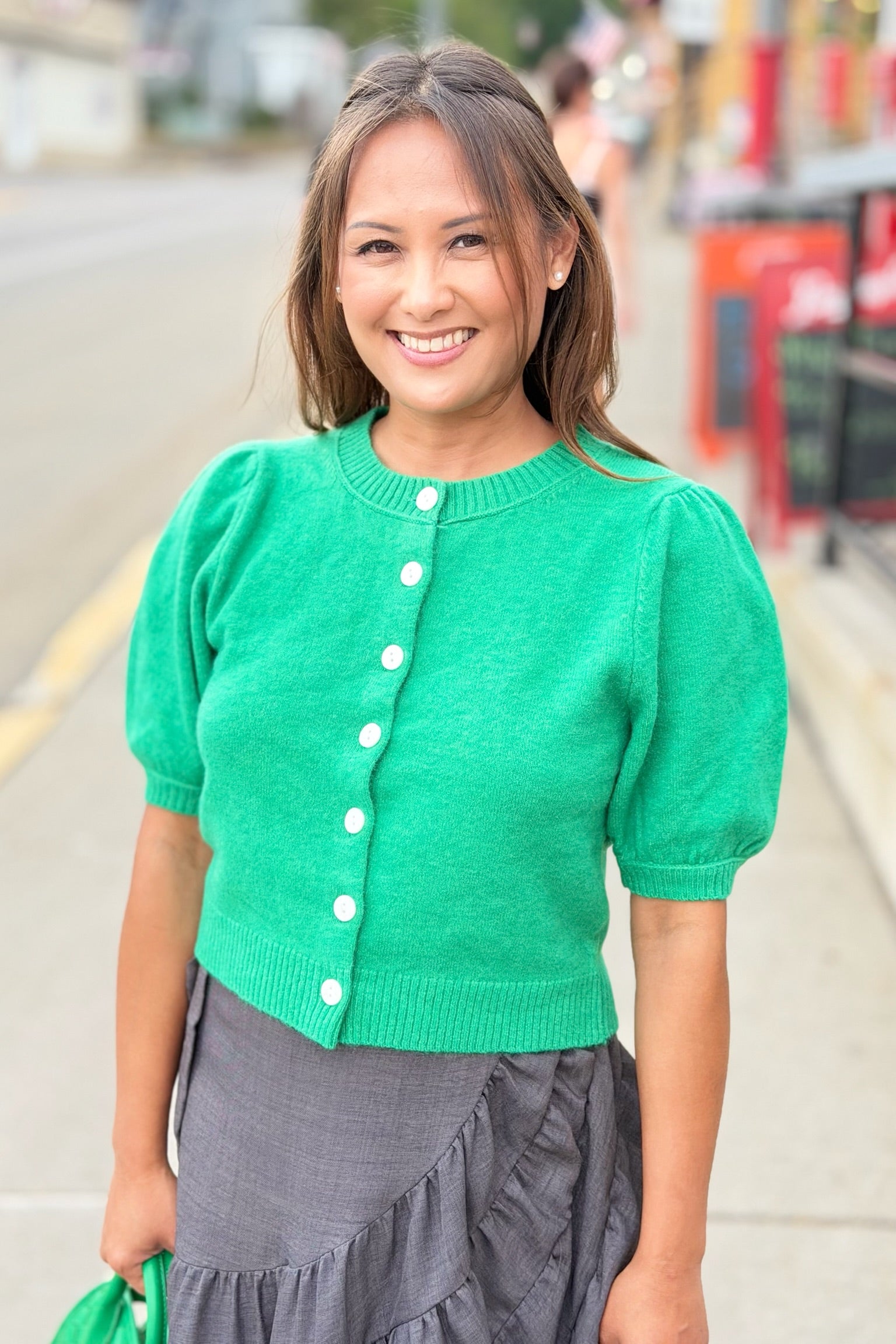 Button Short Sleeve Cardigan - Emerald