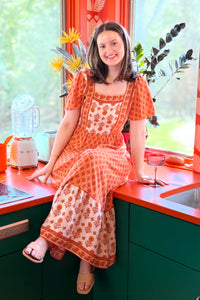 Printed Square Neck Dress - Orange