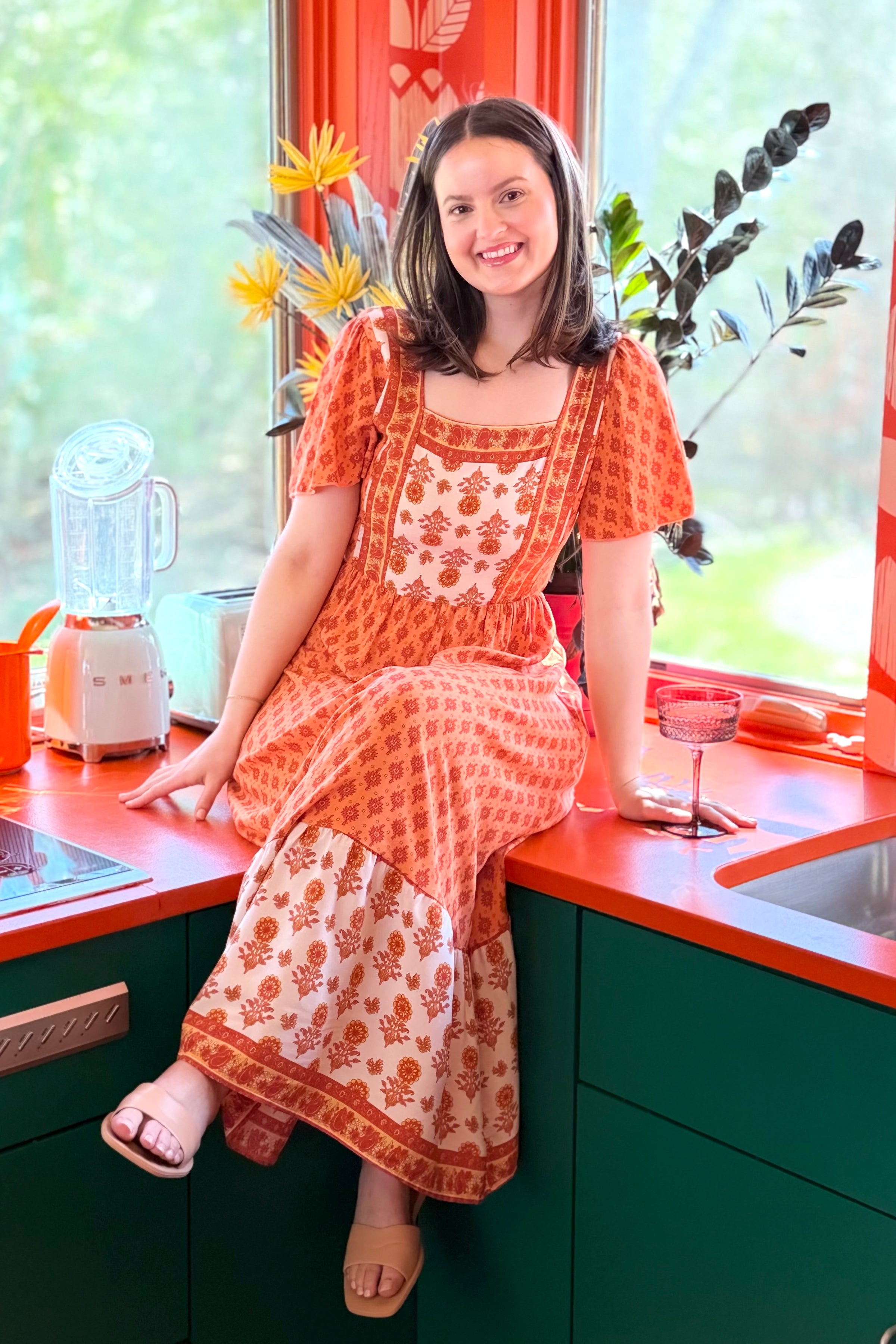 Printed Square Neck Dress - Orange