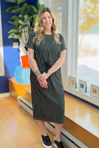 Tie Waist Striped Midi Dress - Black