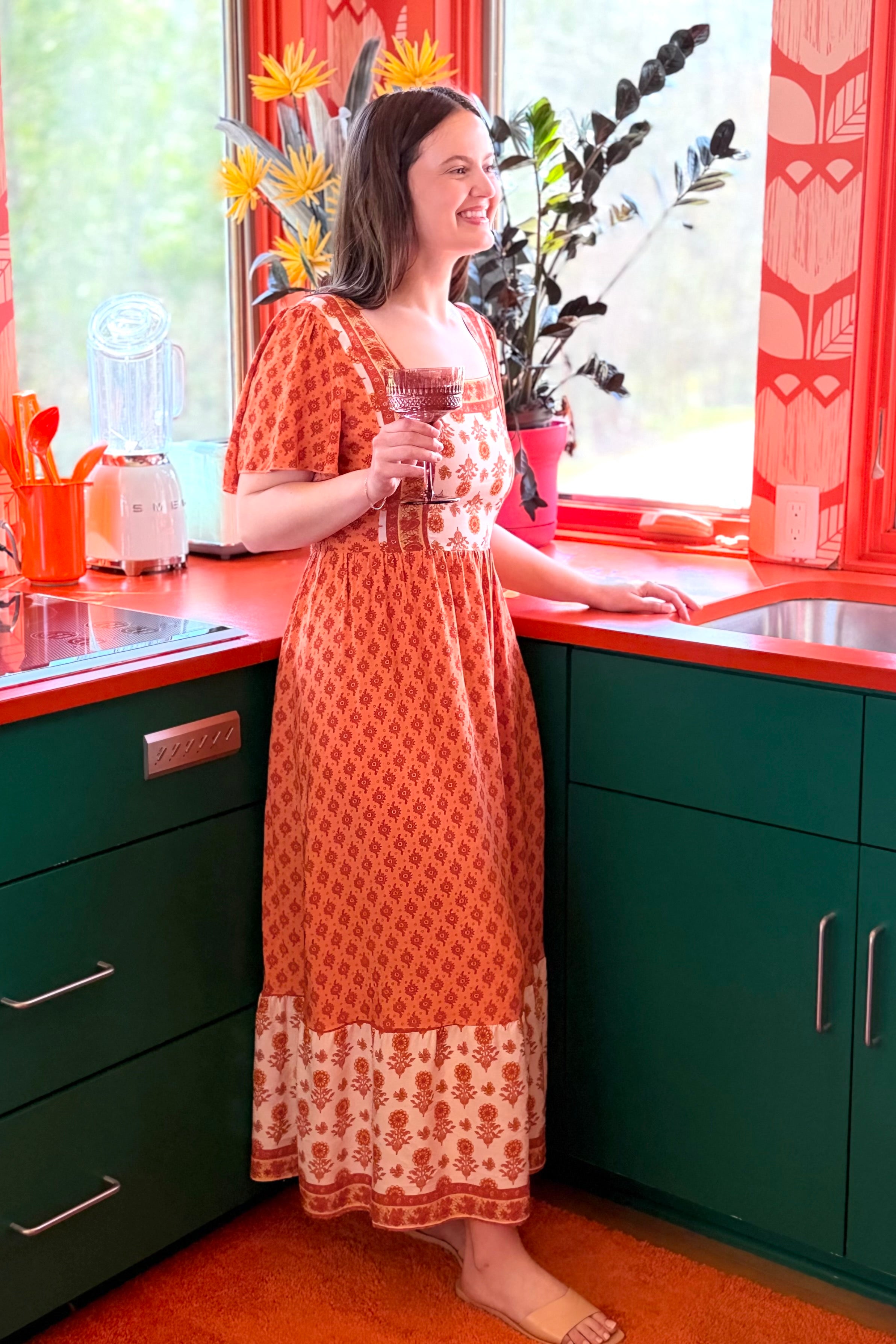 Printed Square Neck Dress - Orange