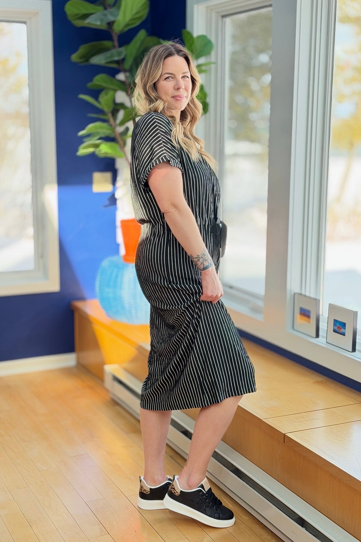 Tie Waist Striped Midi Dress - Black