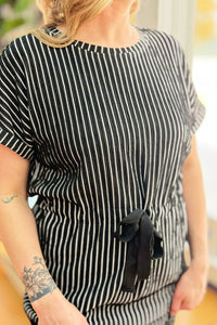 Tie Waist Striped Midi Dress - Black