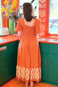 Printed Square Neck Dress - Orange